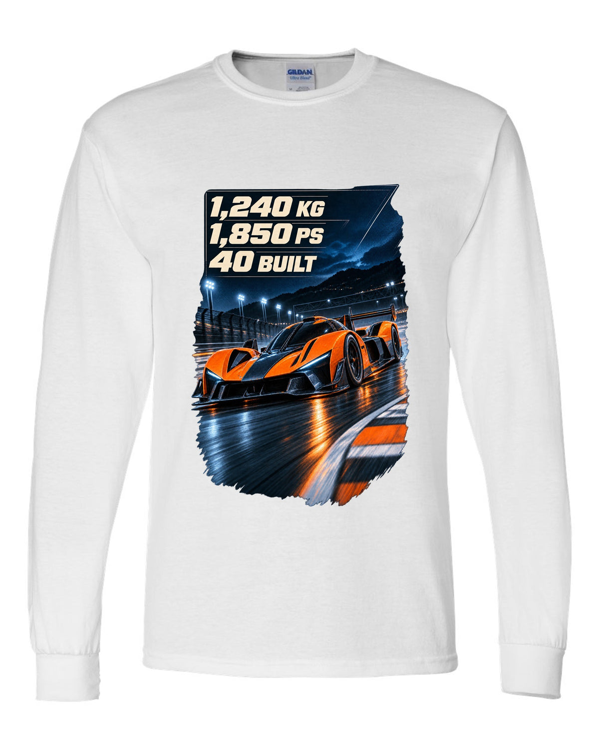 Bugatti Bolide track car at night print with weight and power figures white long sleeve front view with the design