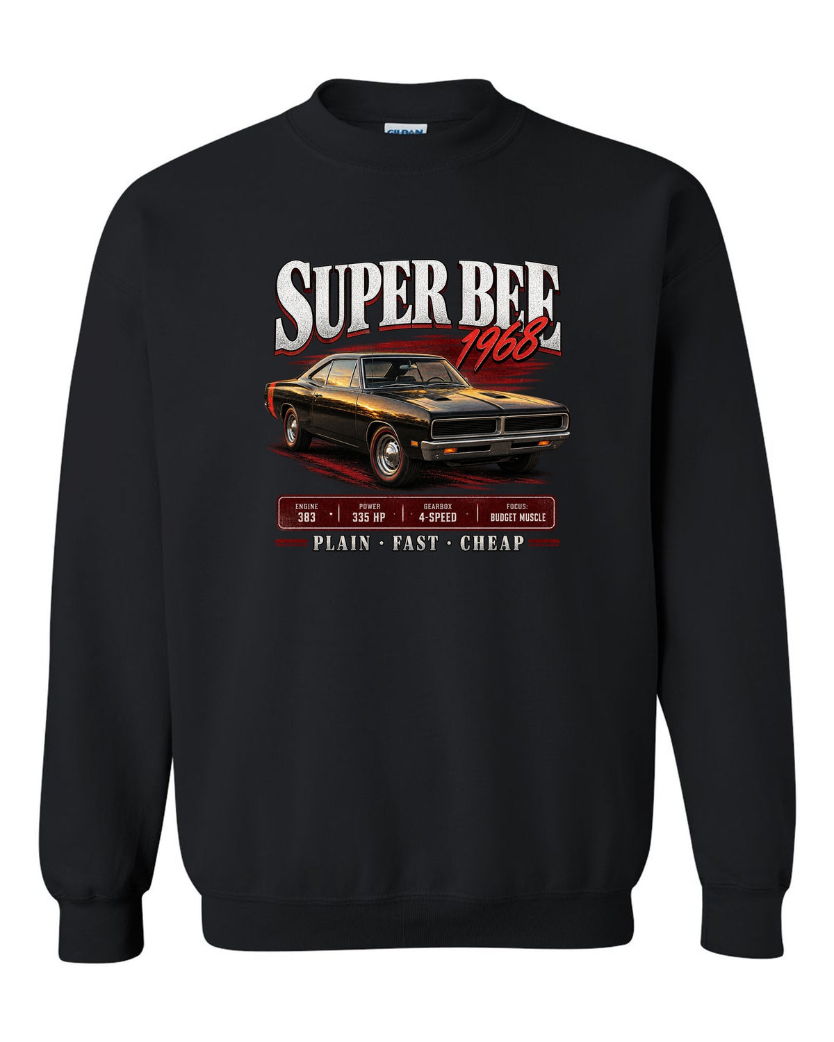 1968 Dodge Coronet Super Bee B-body coupe archive panel print black crewneck front view with the design
