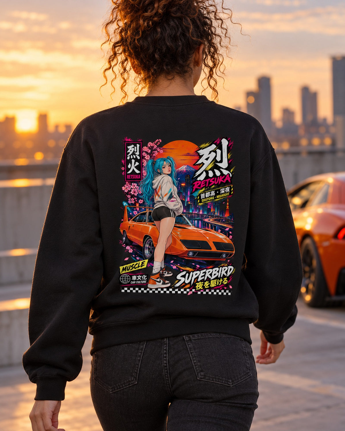 RETSUKA SUPERBIRD Anime Girl Full-Back Graphic Tee Crewneck Black worn hero