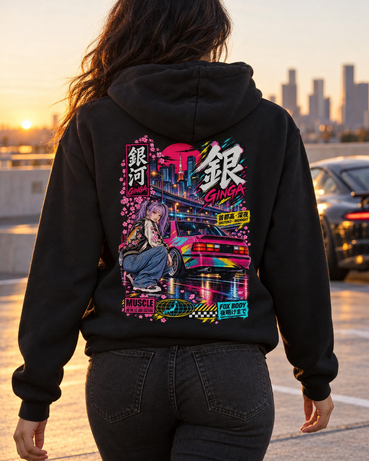 GINGA FOX BODY Anime Girl Full-Back Graphic Tee Pull Over Hoodie Black worn hero