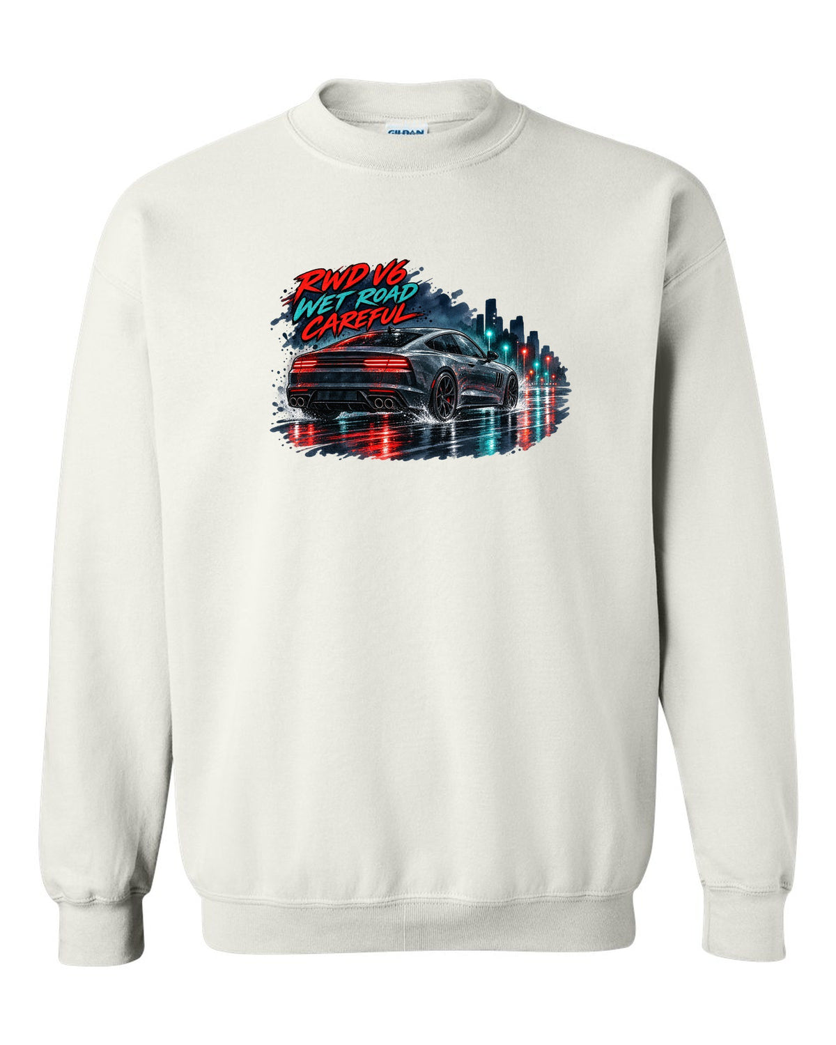 Watercolour wet-road night print of a Kia Stinger GT CK with RWD V6 wet road careful text white crewneck front view with the design