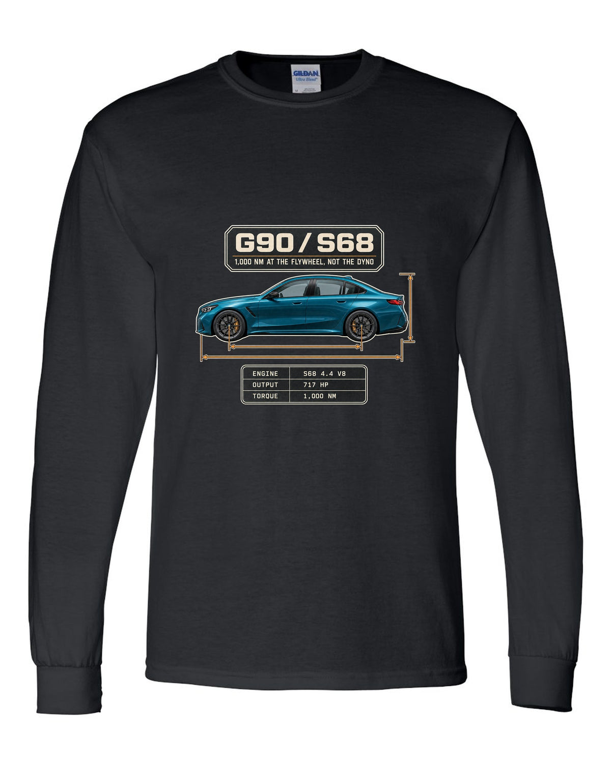 BMW M5 G90 sedan dimension blueprint profile print on a tee black long sleeve front view with the design