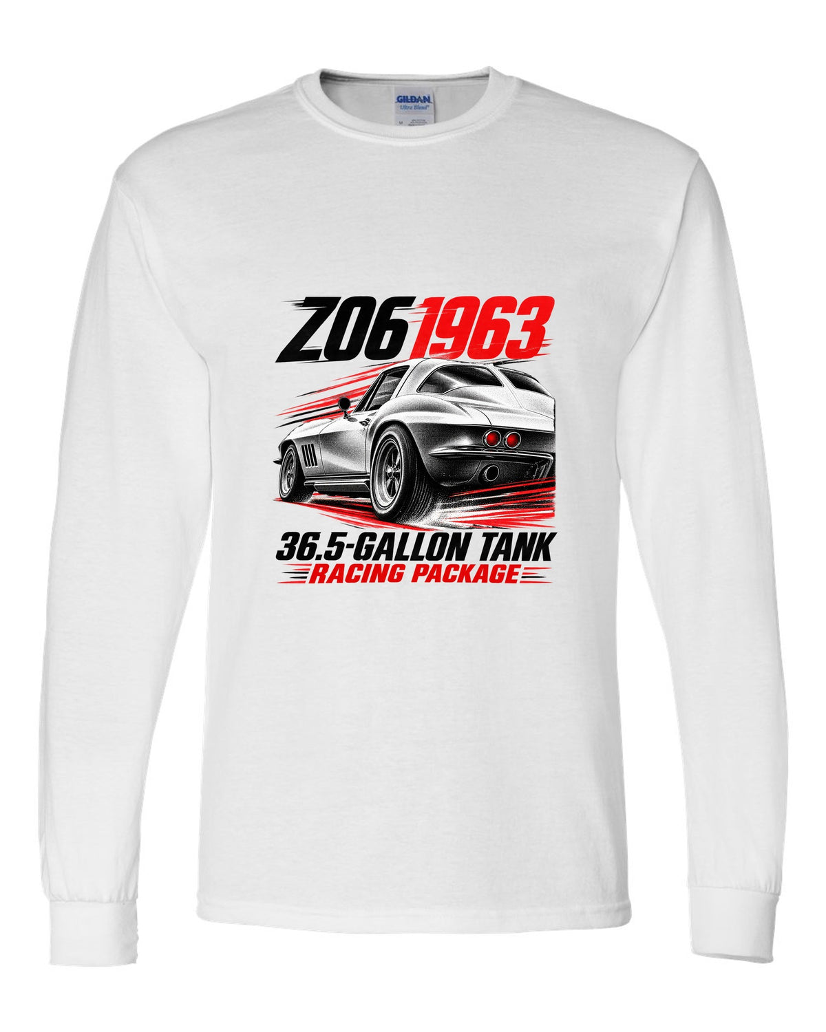 Corvette C2 Sting Ray 1963 Z06 racing package race poster white long sleeve front view with the design