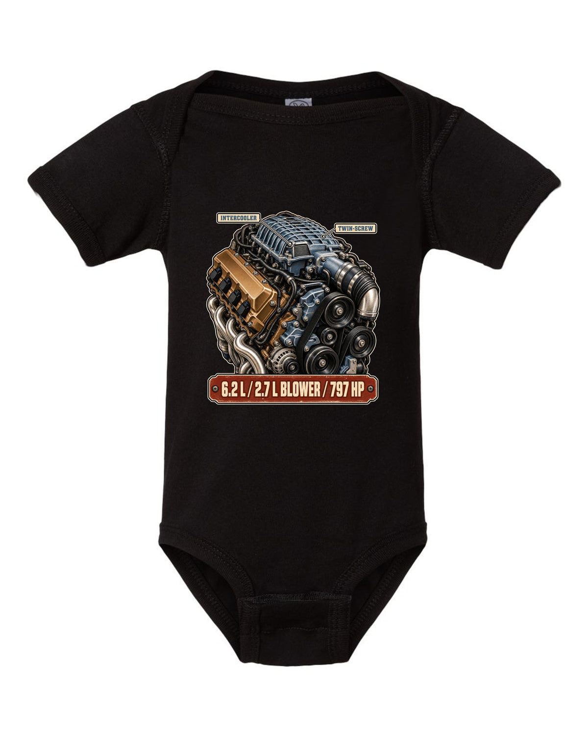 print of the supercharged 6.2L V8 from a Dodge Charger SRT Hellcat Redeye black baby onesie front view with the design