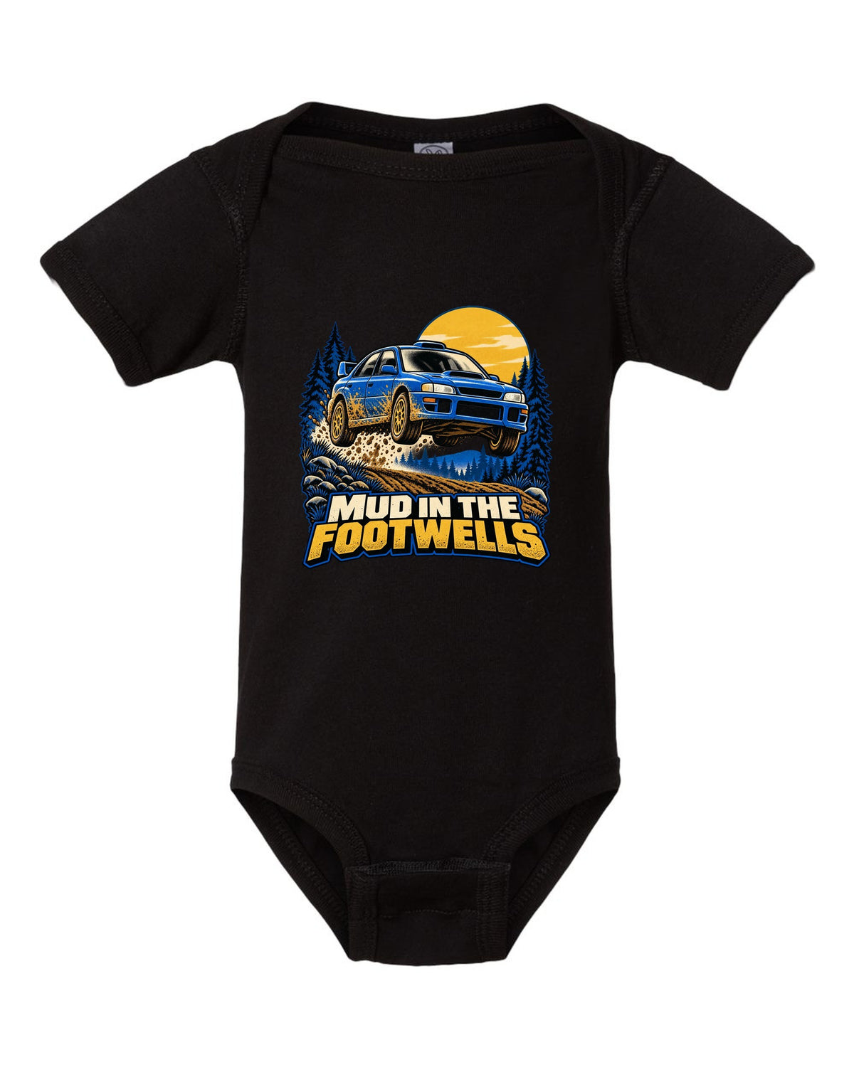 Comic halftone pop-art of a Subaru WRX STI GRB chback doing a burnout black baby onesie front view with the design