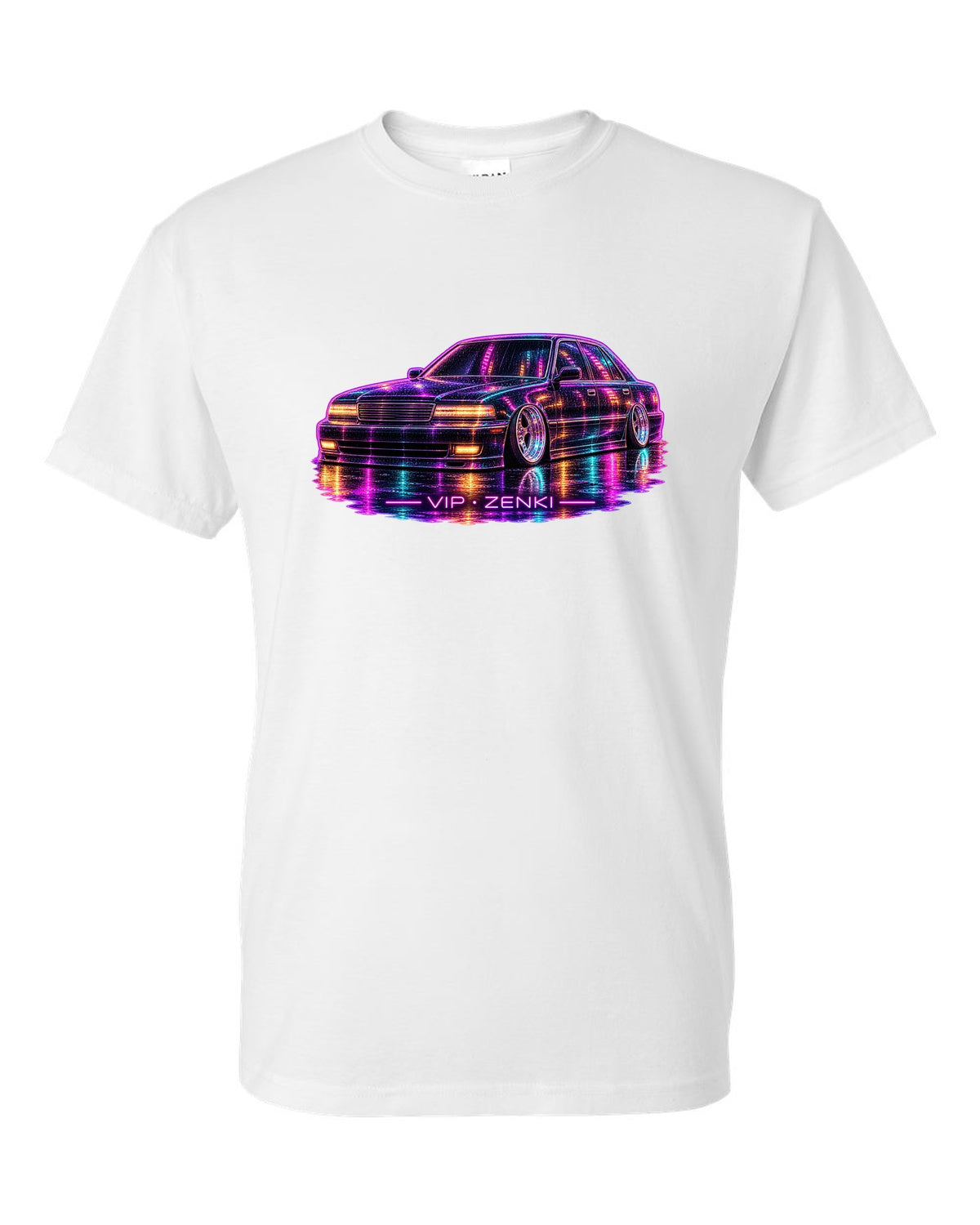 Neon line illustration of a slammed Japanese luxury sedan in the rain with VIP ZENKI lettering white t-shirt front view with the design