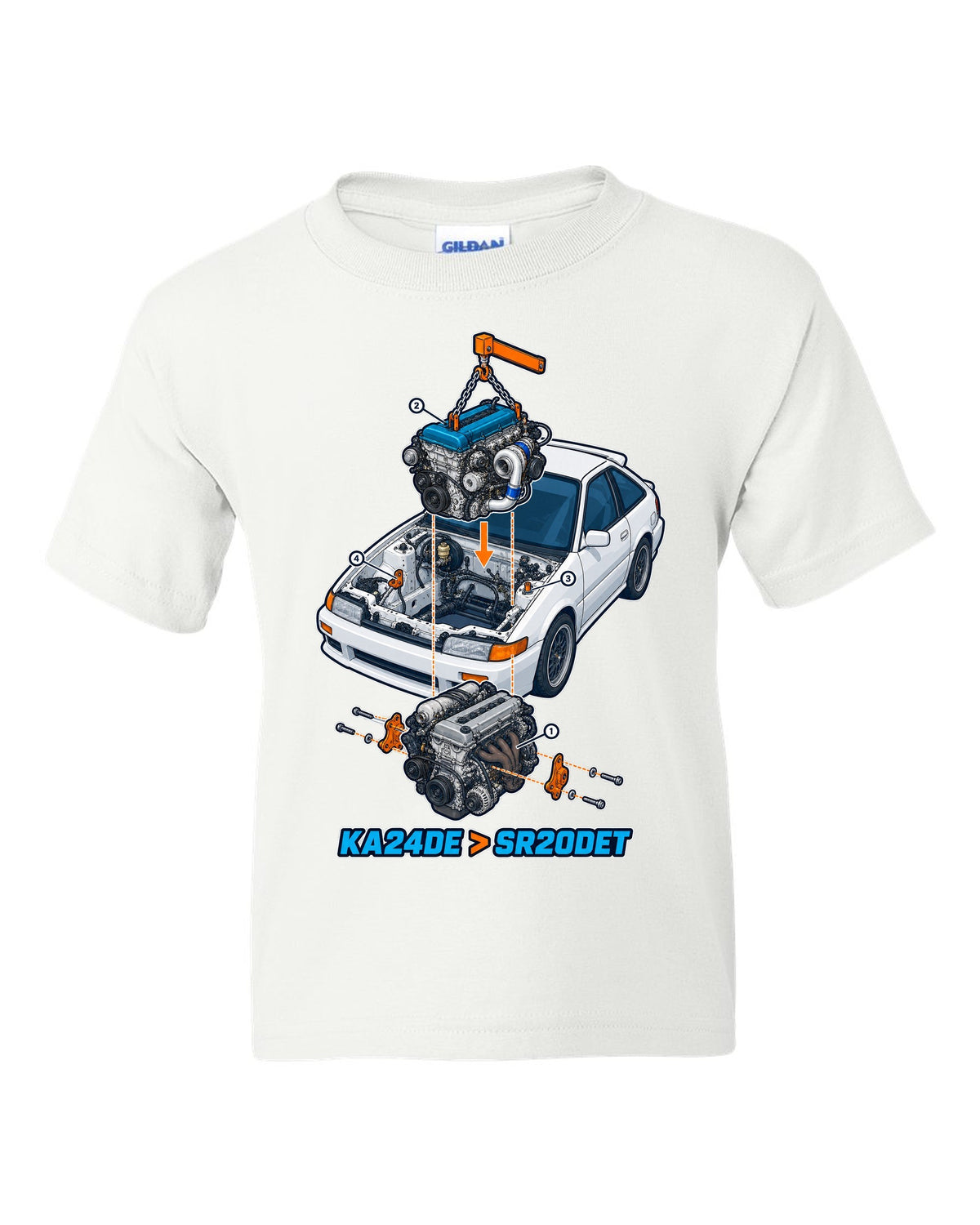 Exploded isometric engine cutaway for a Nissan S13 KA24DE to SR20DET swap white kids tee front view with the design
