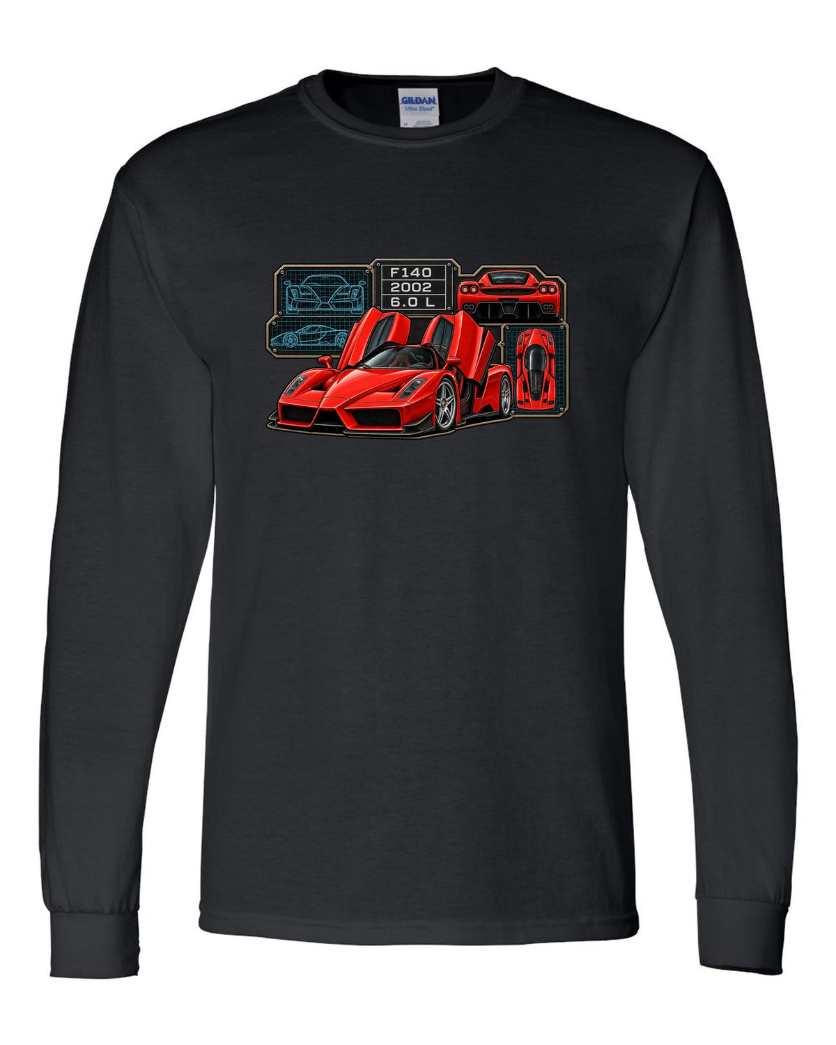 Spec-sheet data plate print of the Ferrari Enzo F140 with the text F140, 2002, 6.0 L black long sleeve front view with the design
