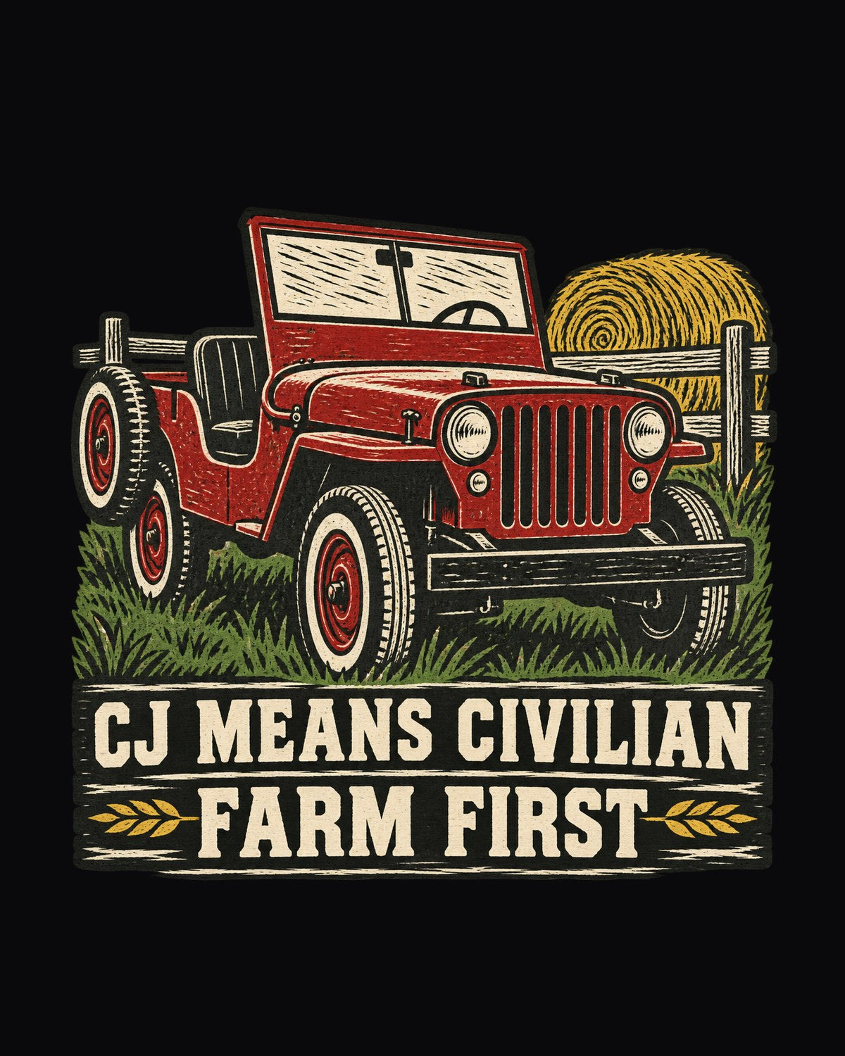 Jeep CJ-2A Farmhand Linocut Tee, CJ Means Civilian Gift design only