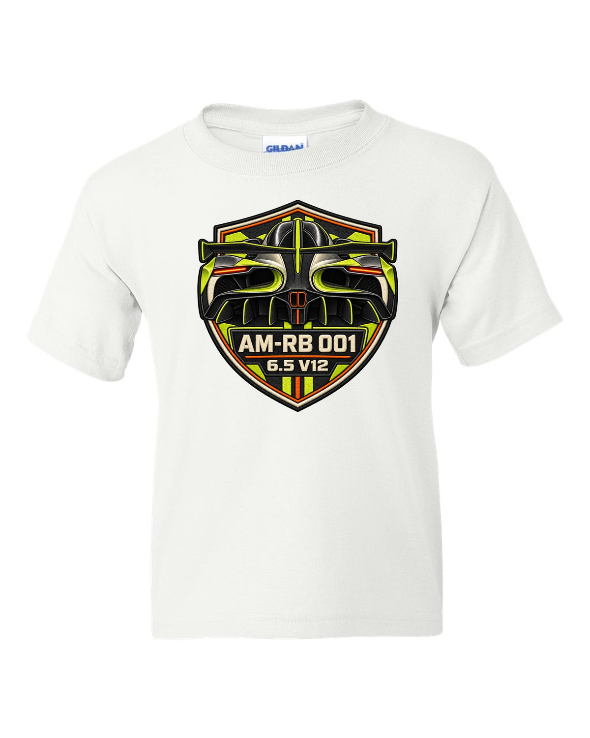 Varsity embroidery-style tunnel print of the 2021 Aston Martin Valkyrie with AM-RB 001 and 6.5 V12 lettering white kids tee front view with the design