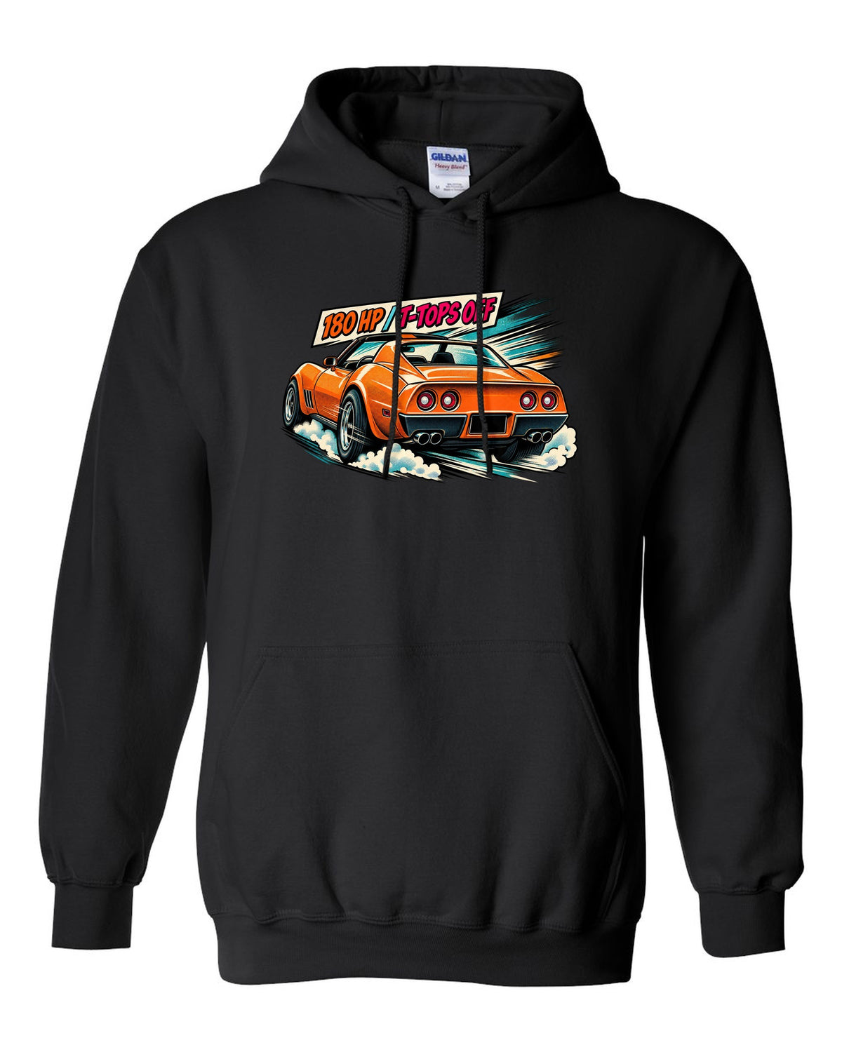 Retro manga halftone panel print of 1977 Chevrolet Corvette C3 Stingray taillights with 180 HP T-Tops Off text black pull over hoodie front view with the design