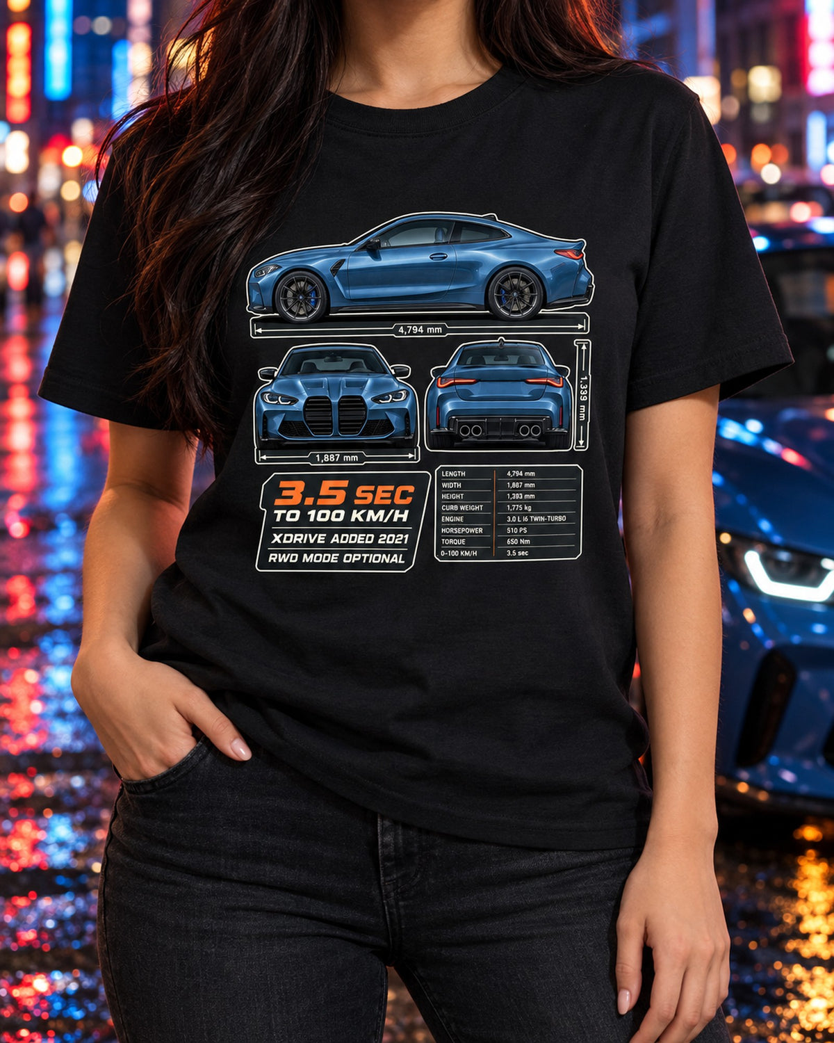 M4 Competition xDrive G82 Three-View Spec Tee, BMW Car Shirt T-Shirt Black worn hero