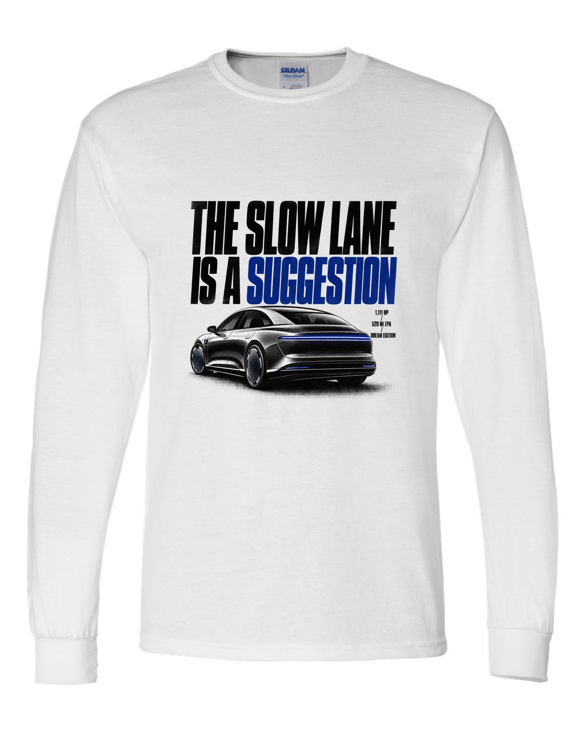 Halftone Lucid Air Dream Edition 2021 with the slow lane is a suggestion, 1,111 HP, 520 mi EPA white long sleeve front view with the design
