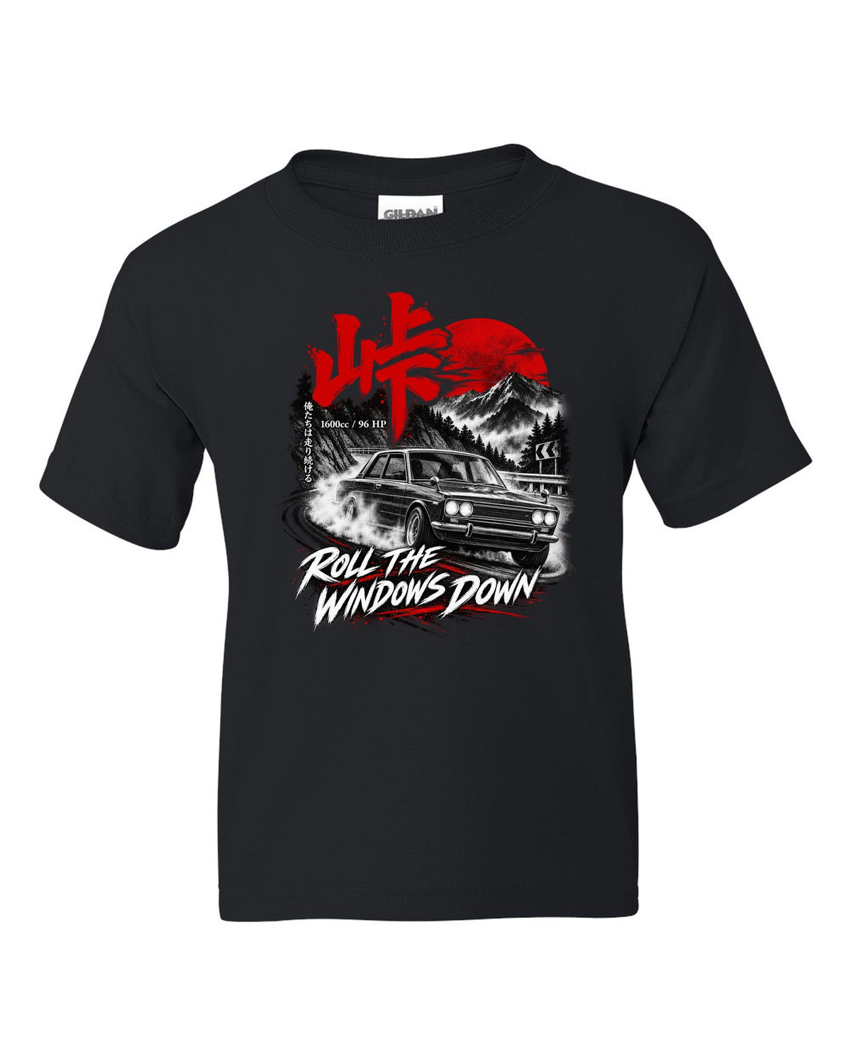 print of a Datsun 510 PL510 sedan on a mountain road at night with touge kanji black kids tee front view with the design