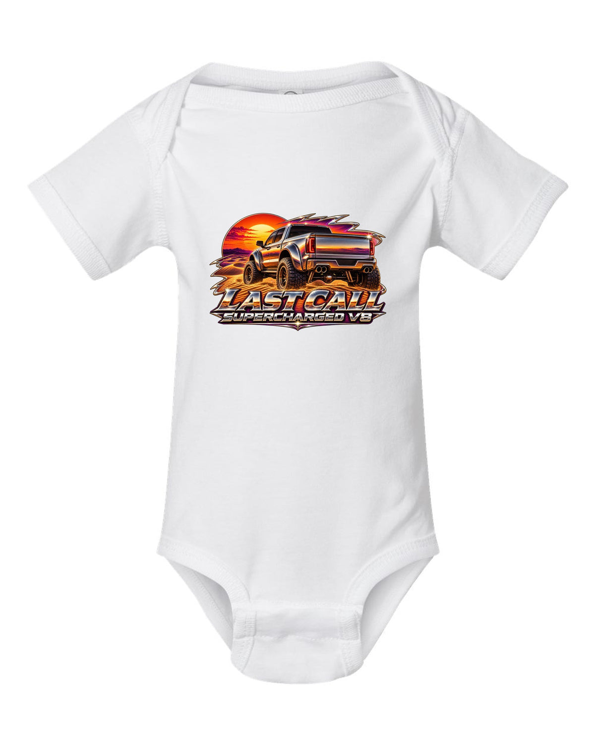 80s chrome airbrush print of a 2024 Ram 1500 TRX Final Edition on a dune with last call supercharged V8 text white baby onesie front view with the design