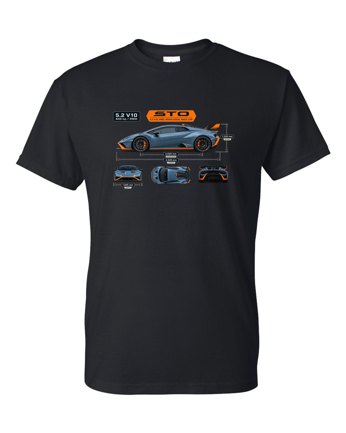 Dimension blueprint print of the Lamborghini Huracan STO black t-shirt front view with the design