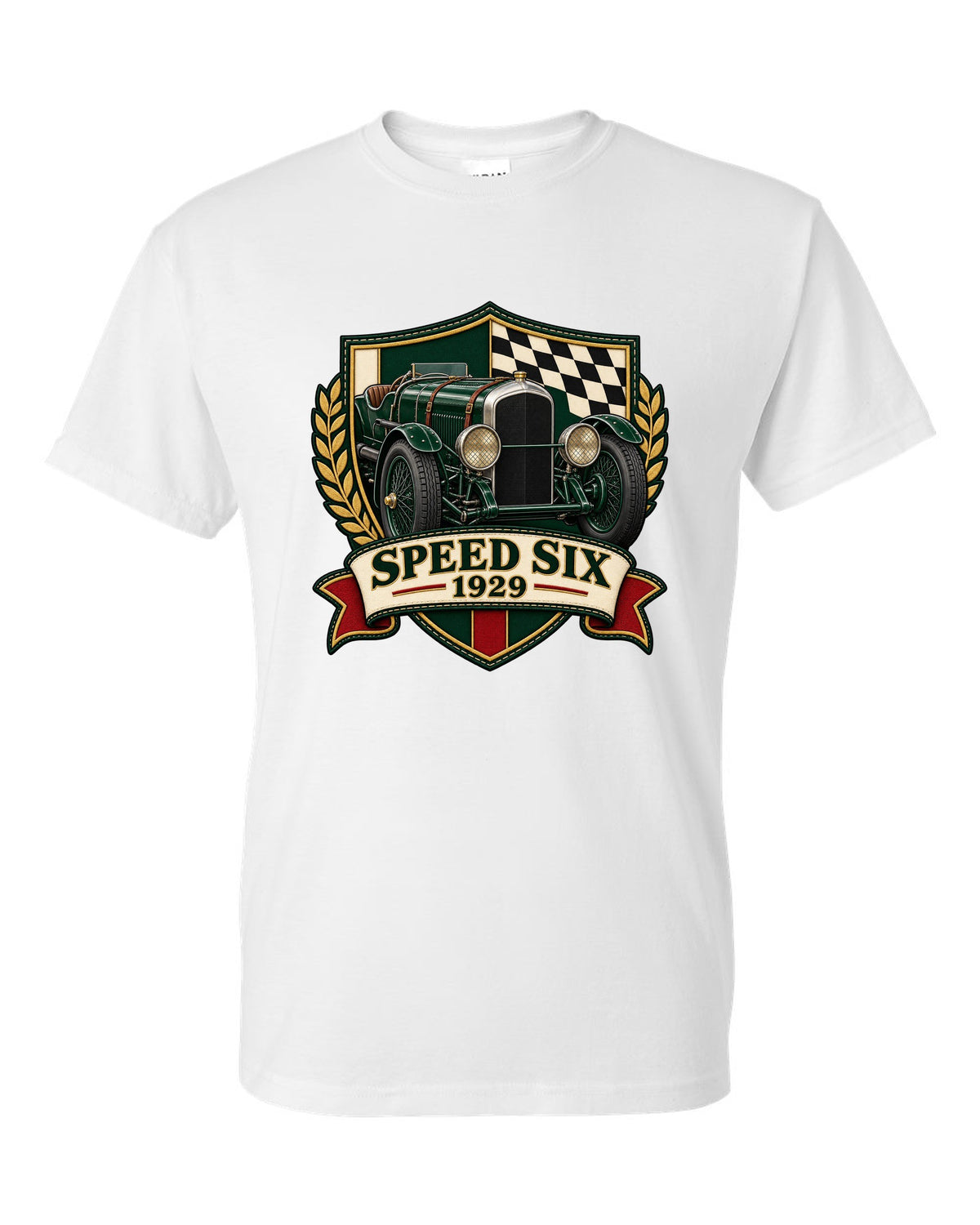 Varsity-style embroidered crest design for the 1929 Bentley Speed Six with SPEED SIX lettering white t-shirt front view with the design