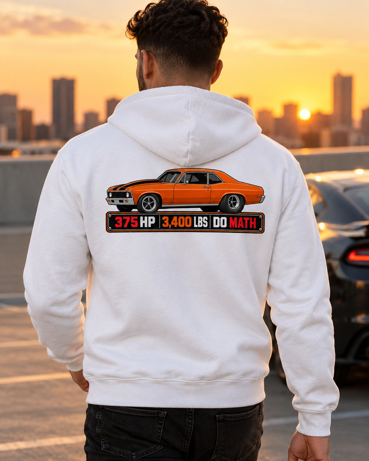 1970 Nova SS 396 Spec Sheet Shirt, 375 HP 3,400 LBS Tee Zip Hoodie White worn hero