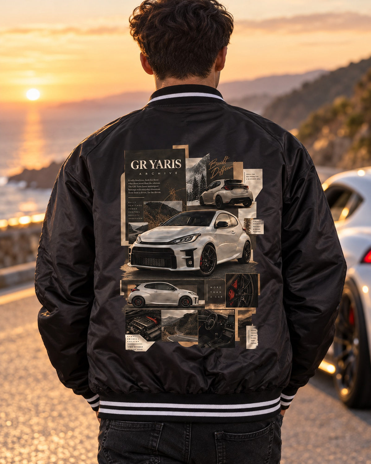 Toyota GR Yaris XP210 Three-View Spec Sheet Shirt, 2020-2024 Bomber Jacket Black worn hero