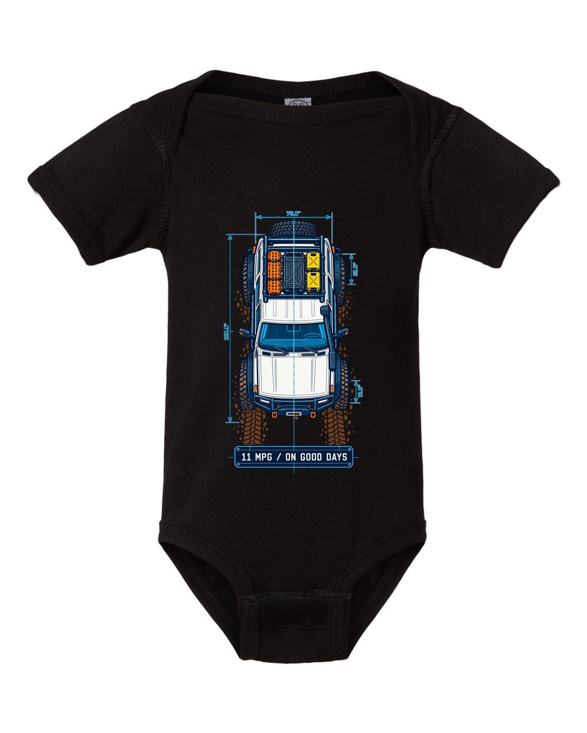 Top-down blueprint line art of a Toyota Land Cruiser FJ80 with roof rack and 11 MPG lettering black baby onesie front view with the design