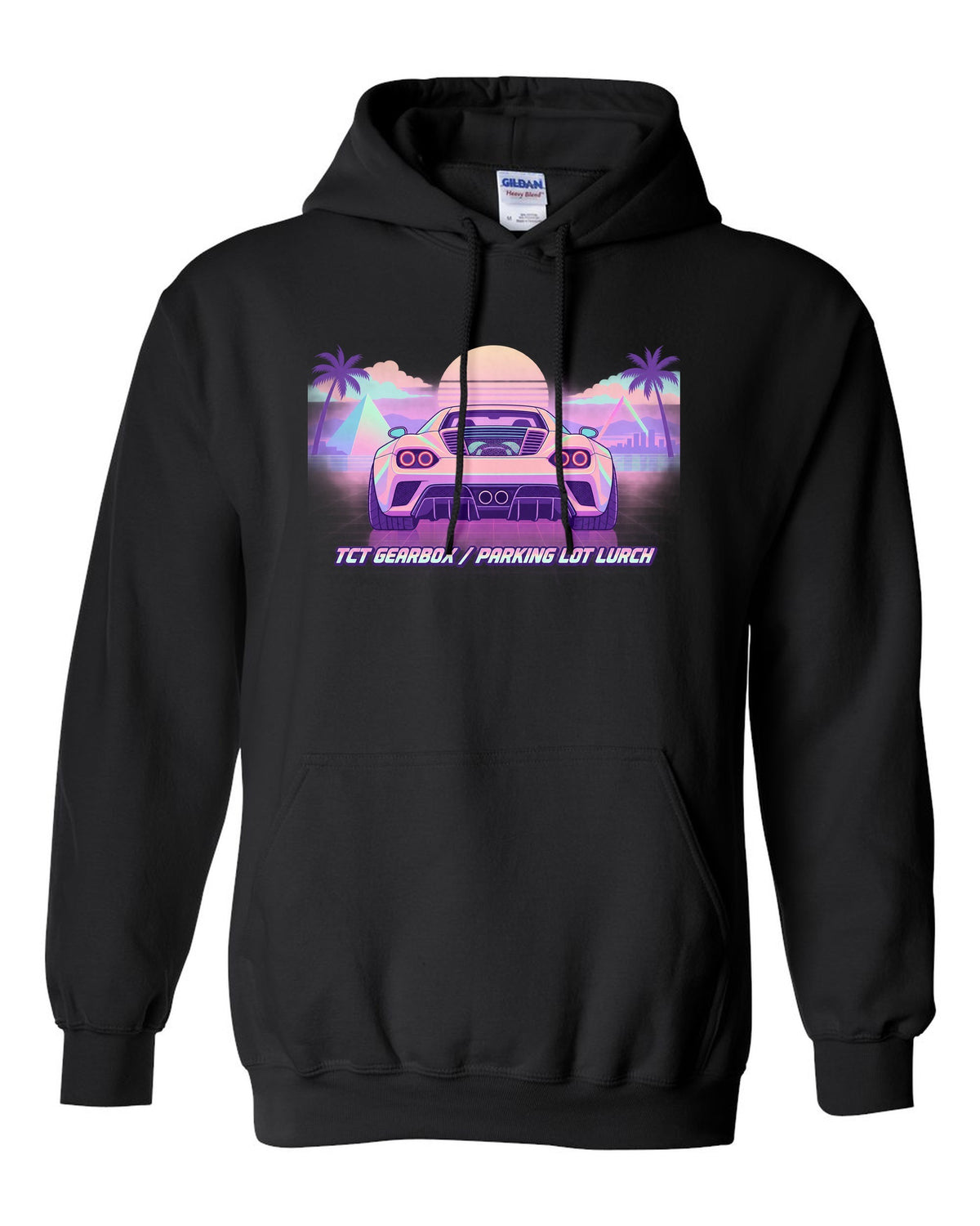 Vaporwave pastel illustration of an Alfa Romeo 4C with TCT gearbox parking lot lurch text black pull over hoodie front view with the design