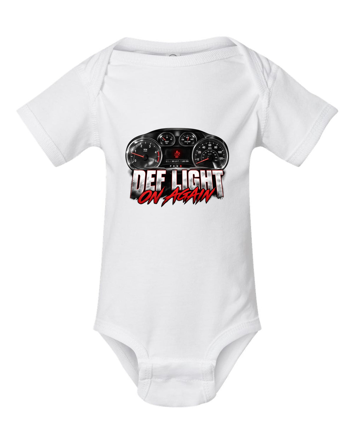 Gauge cluster crop of a 2013 Ram 2500 4th gen 6.7 with the text DEF light, on again white baby onesie front view with the design