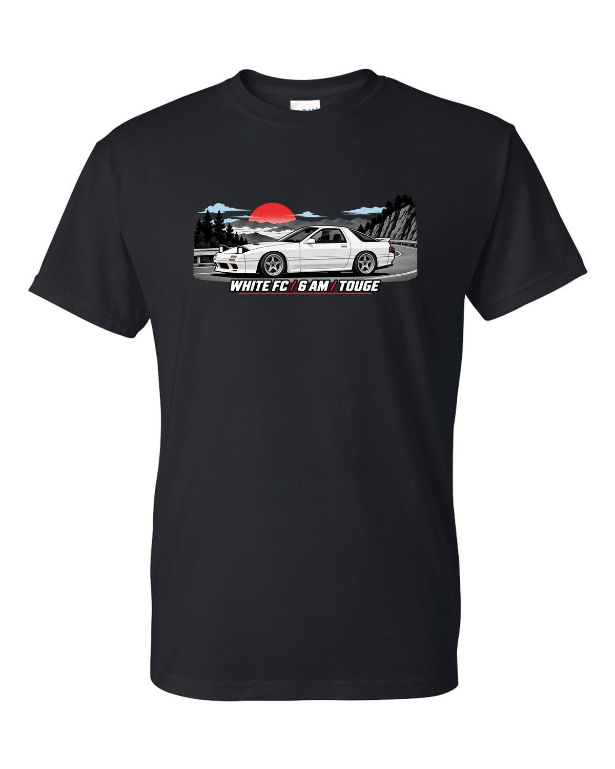 Pixel art print of a Mazda RX-7 SA22C with the text Compression, W's T black t-shirt front view with the design