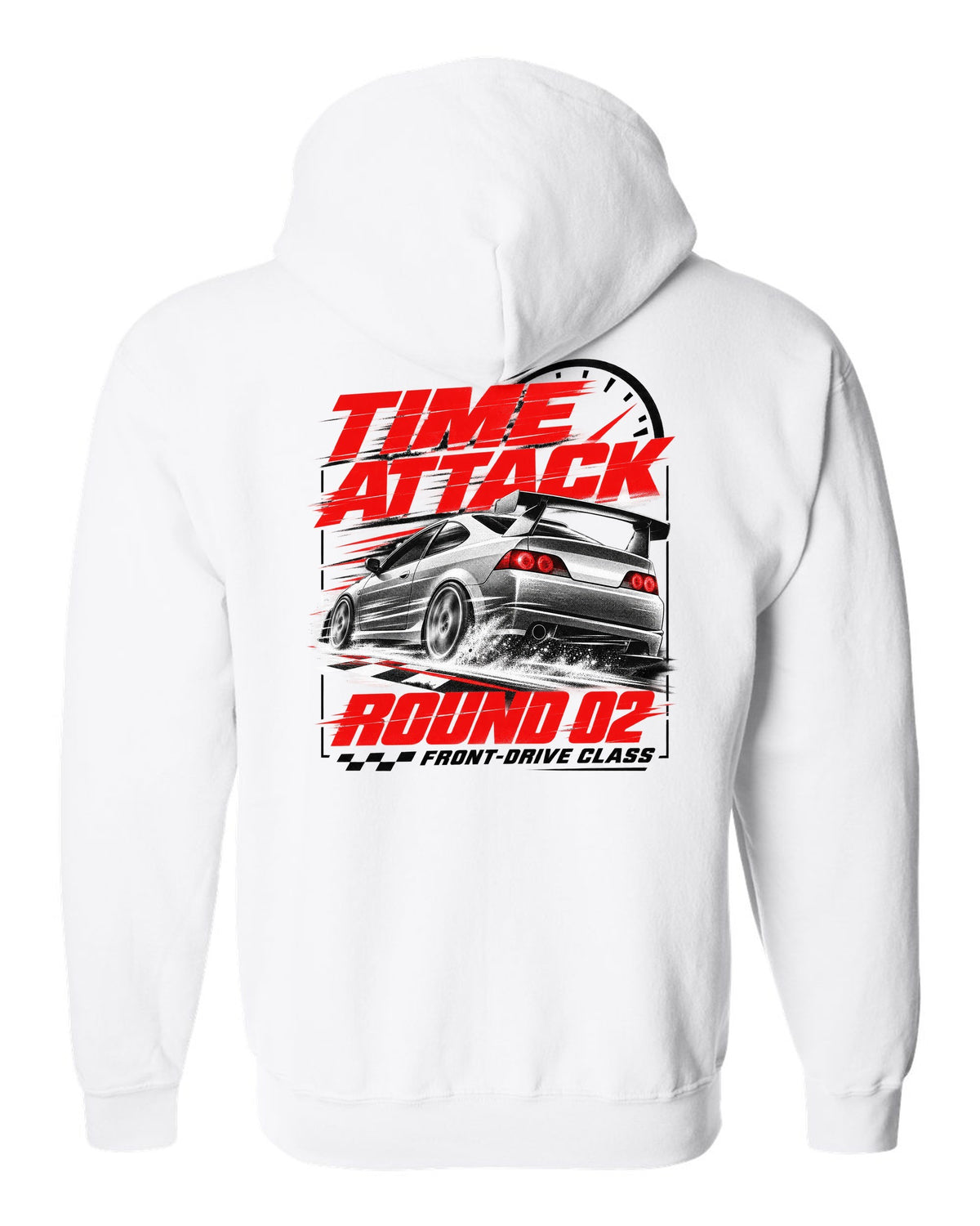 Honda Integra DC5 Type R race poster design for time attack round 02 front-drive class white zip hoodie back view with the design