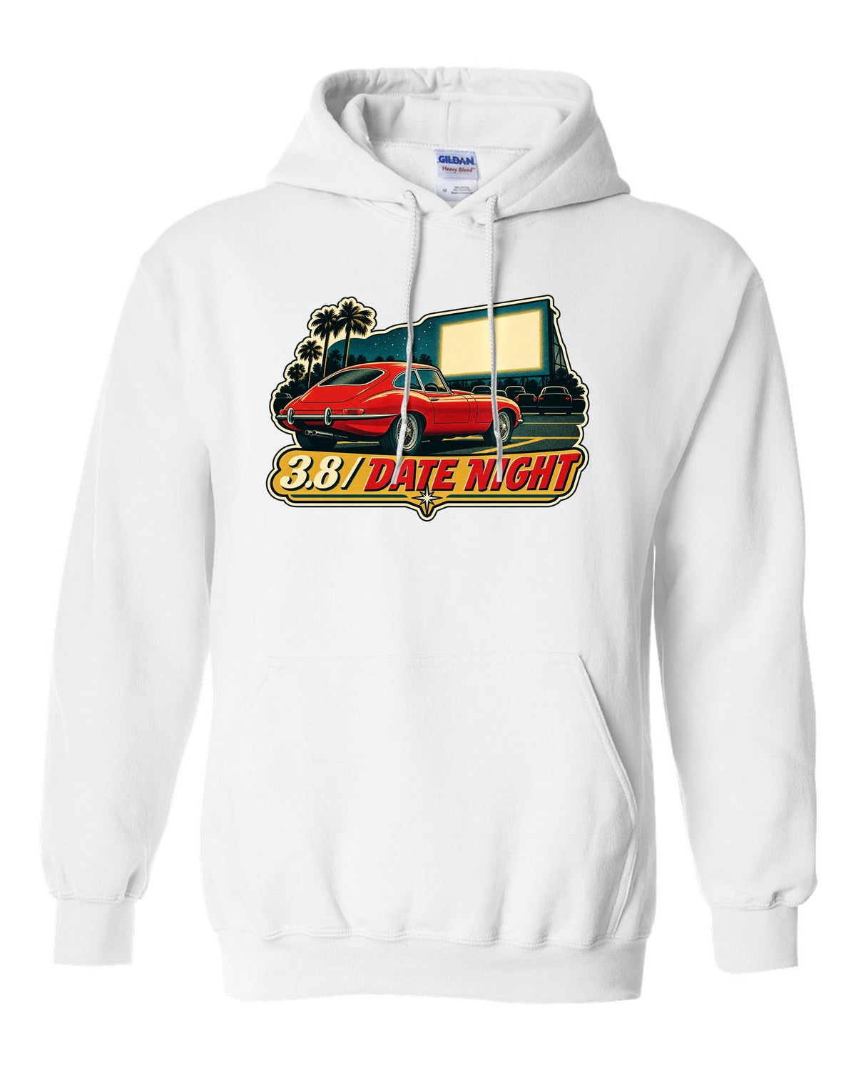 Jaguar E-Type Series 1 vintage race poster with 3.8 DATE NIGHT lettering white pull over hoodie front view with the design