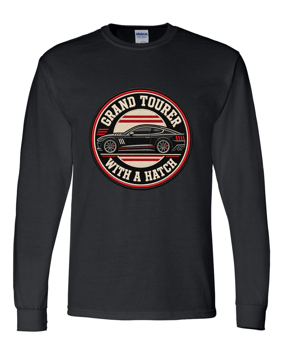 Embroidery varsity crest print for a Kia Stinger GT CK with grand tourer with a ch text black long sleeve front view with the design