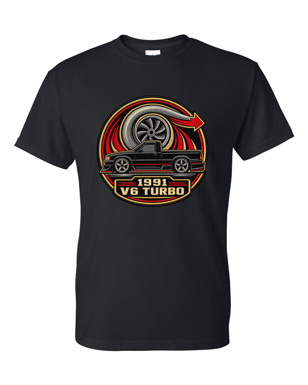 Varsity round embroidery-style design for a 1991 GMC Syclone reading 1991 / V6 TURBO black t-shirt front view with the design