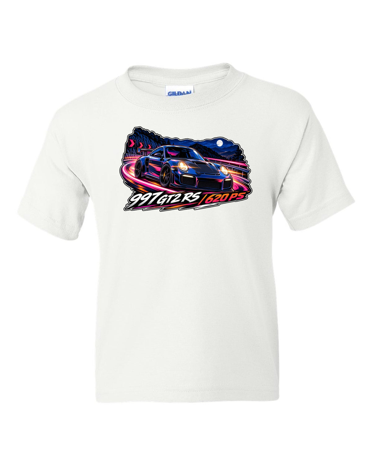 Cel-shaded anime night touge design featuring the Porsche 997 GT2 RS with 620 PS lettering white kids tee front view with the design