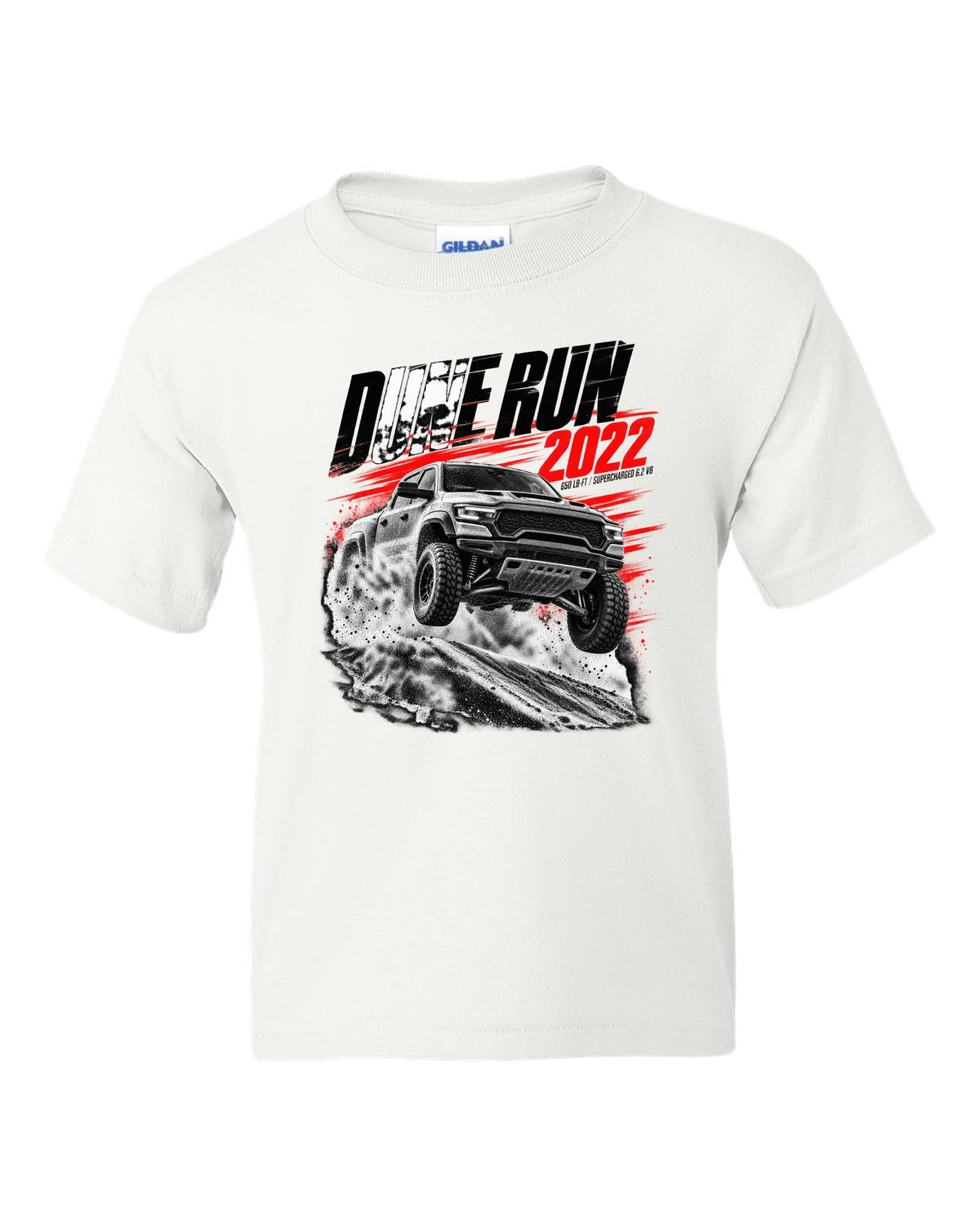 Race poster of a 2022 Ram 1500 TRX jumping a dune with the text Dune Run 2022, 650 lb-ft white kids tee front view with the design