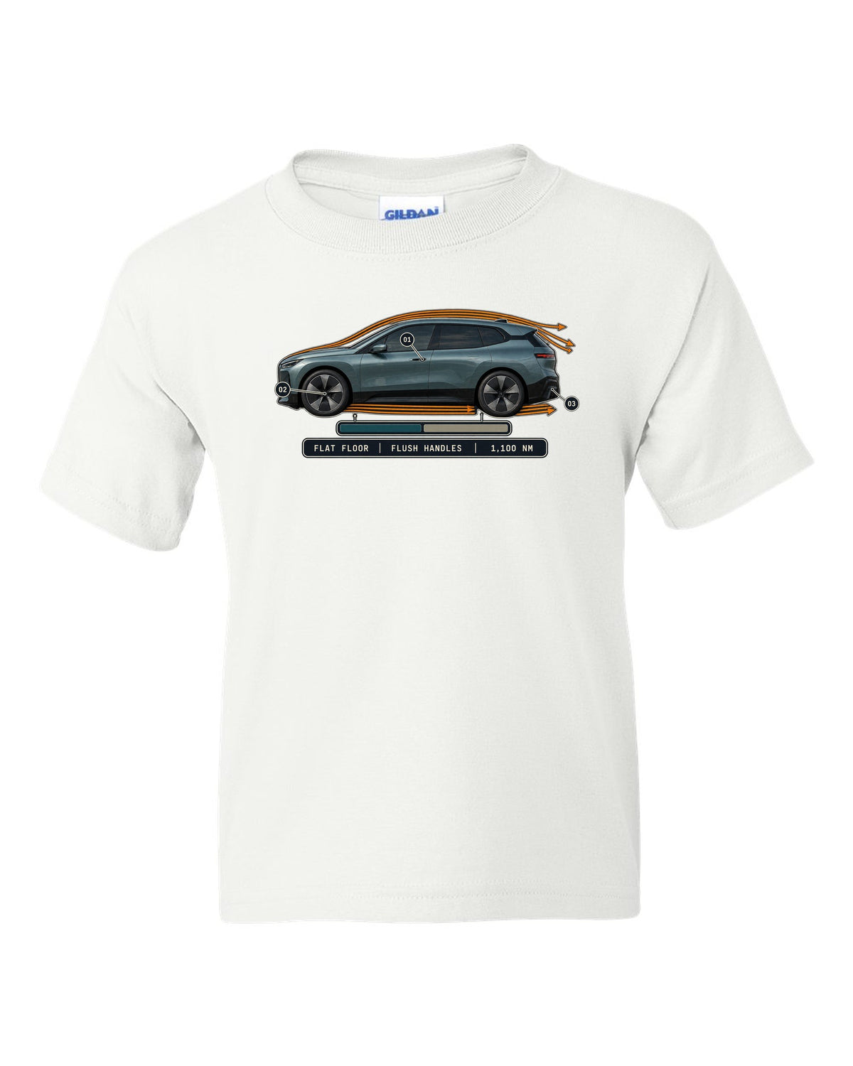 Aero cutaway callout print of the BMW iX M60 I20 with flush handles and flat floor white kids tee front view with the design