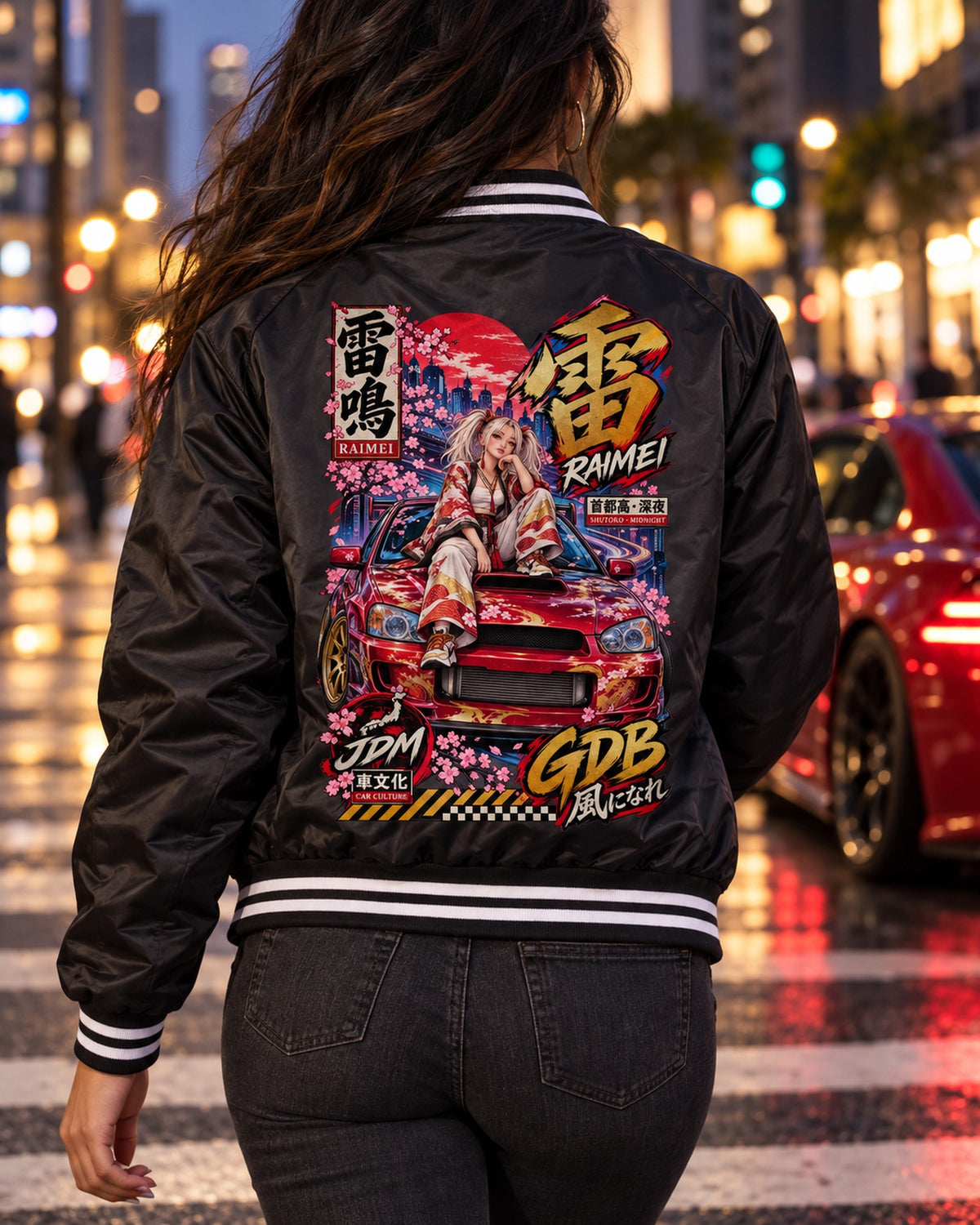RAIMEI GDB Anime Girl Full-Back Graphic Tee Bomber Jacket Black worn hero