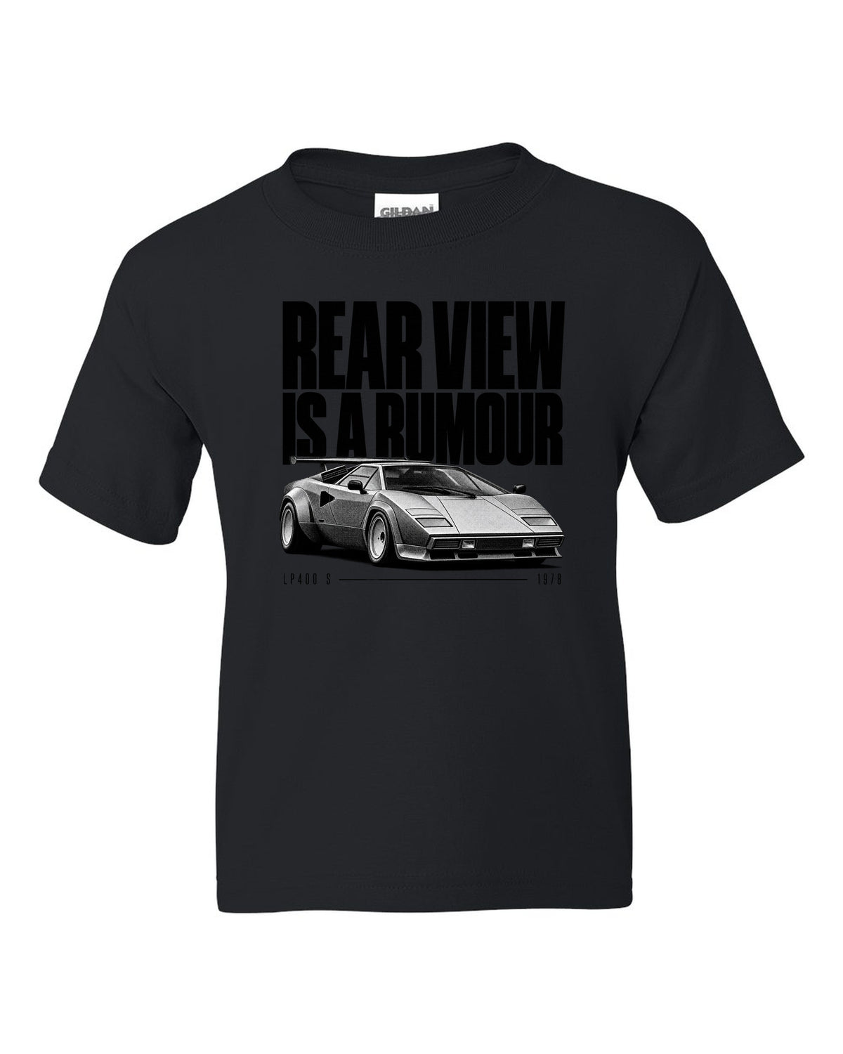 Halftone print of a Lamborghini Countach LP400 S with rear wing and rear view is a rumour text black kids tee front view with the design