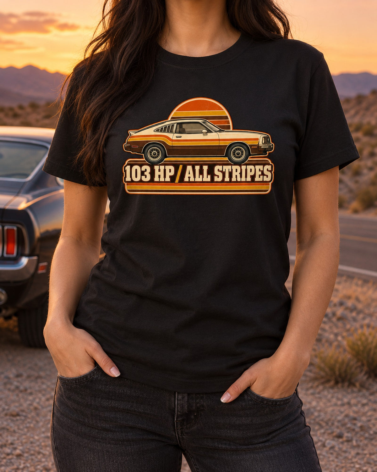 Ford Mustang II Fastback 1976 Stripe Poster Shirt, 103 HP T-Shirt Black worn hero