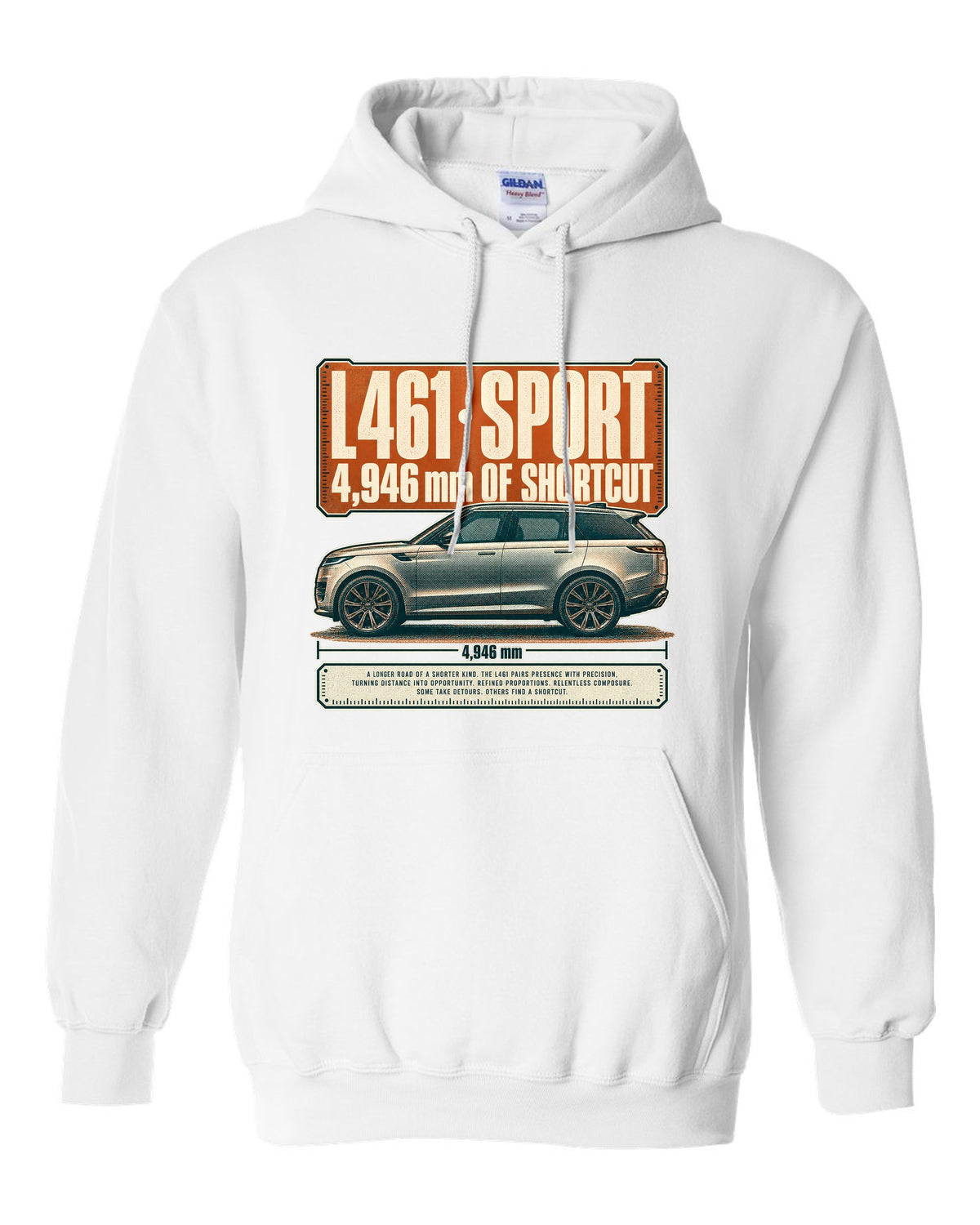 Halftone statement print of the Range Rover Sport L461 with length lettering white pull over hoodie front view with the design