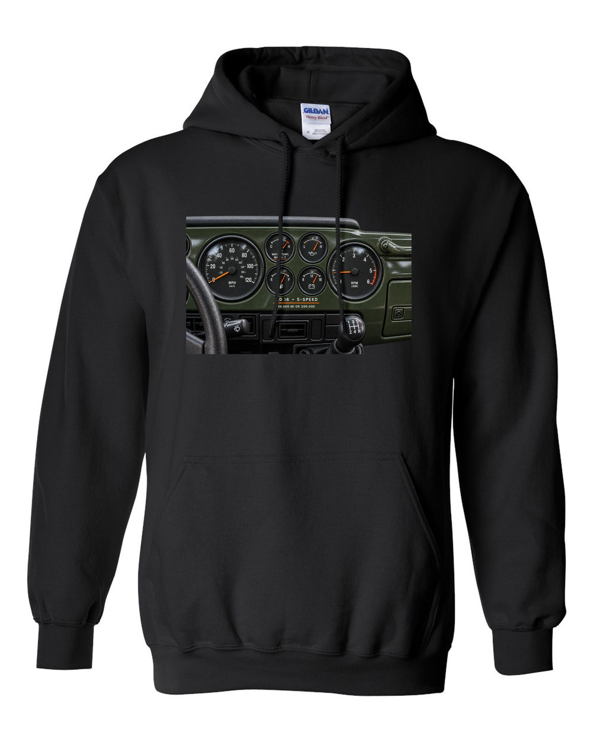 Gauge cluster print for the Jeep Wrangler TJ 4.0 I6, 1997-2006 black pull over hoodie front view with the design