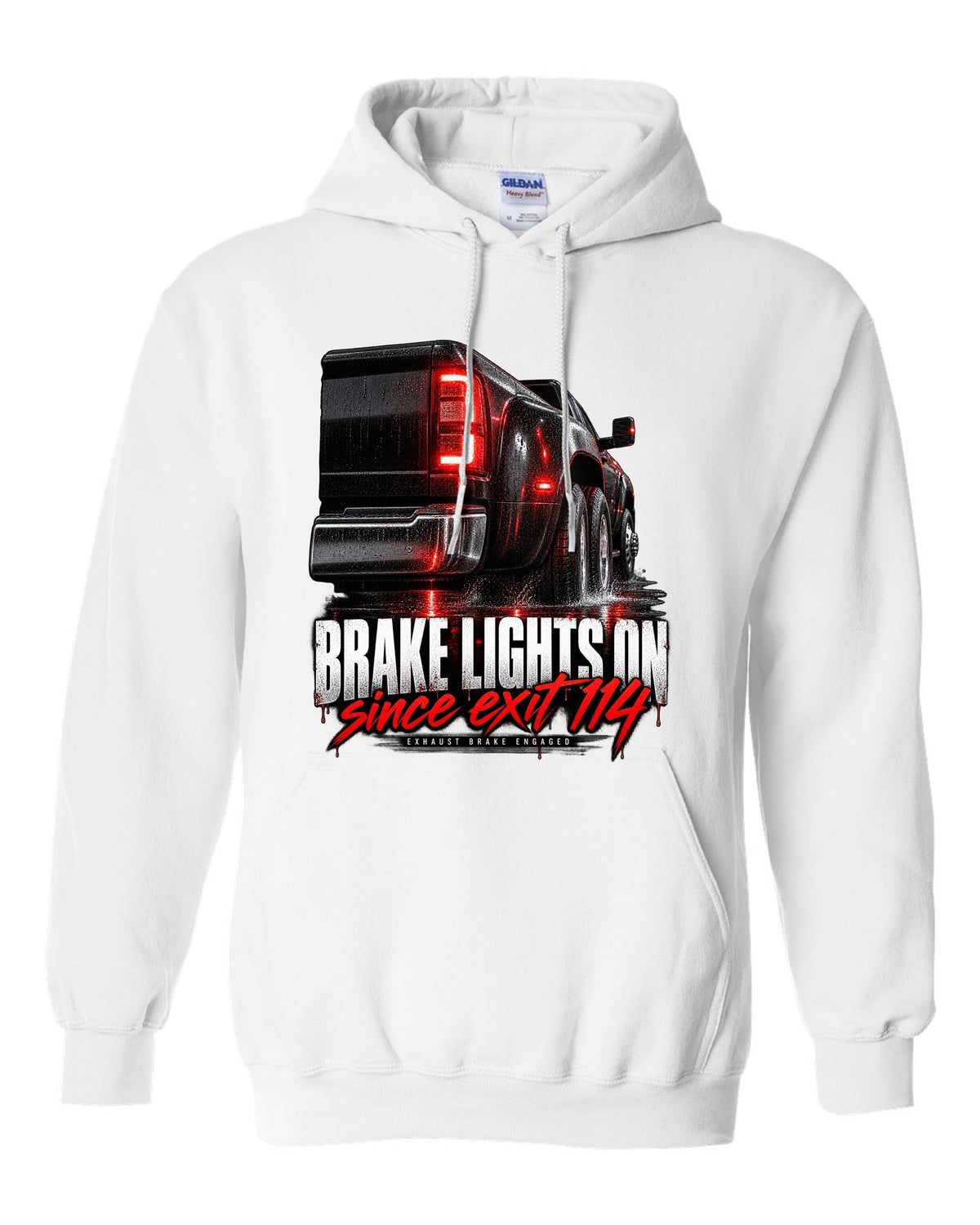 Taillight macro print of a 2019-2024 Ram HD 3500 dually with brake lights lit white pull over hoodie front view with the design