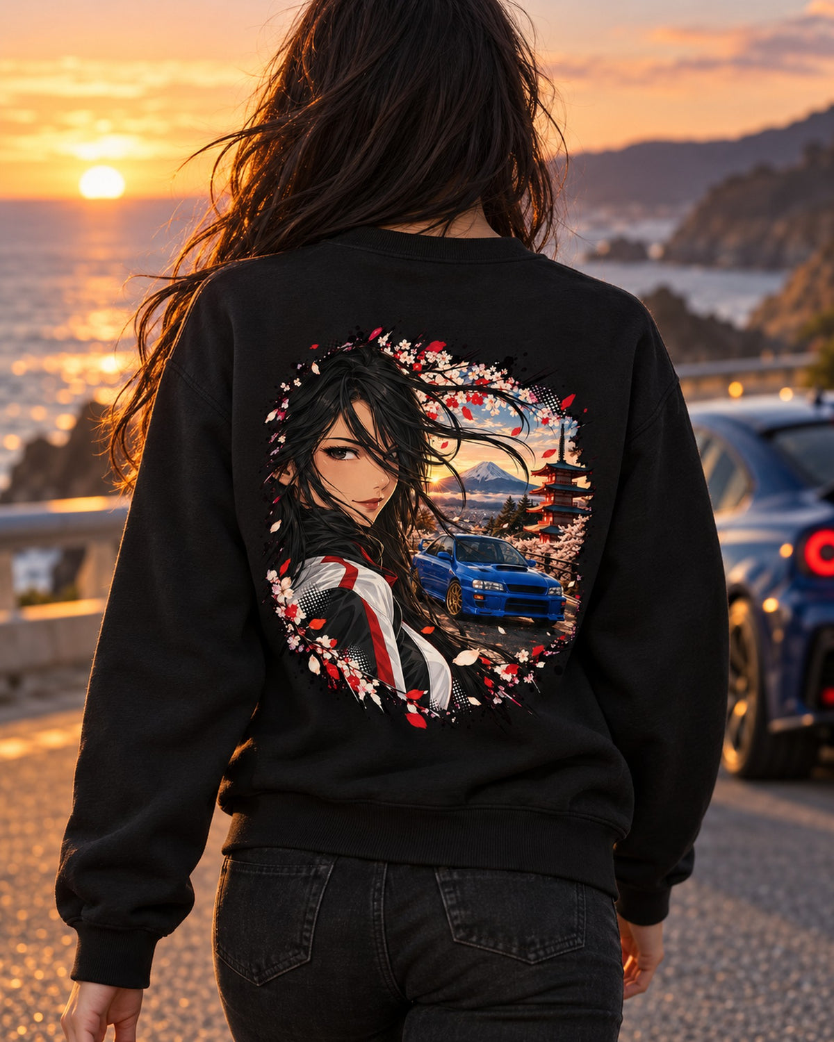 Subaru WRX STI GC8 Anime Girl Shirt, Hoodie & More Crewneck Black worn hero