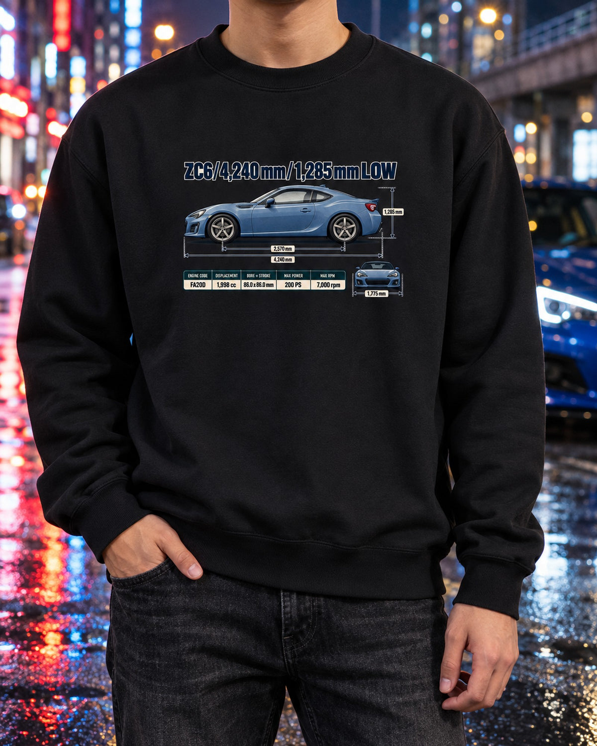 Subaru BRZ ZC6 Dimension Blueprint Shirt, Low-Slung Car Gift Crewneck Black worn hero