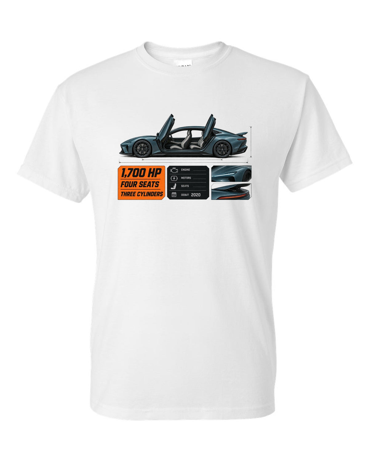 Spec poster of the Koenigsegg Gemera four-seat hypercar, print white t-shirt front view with the design