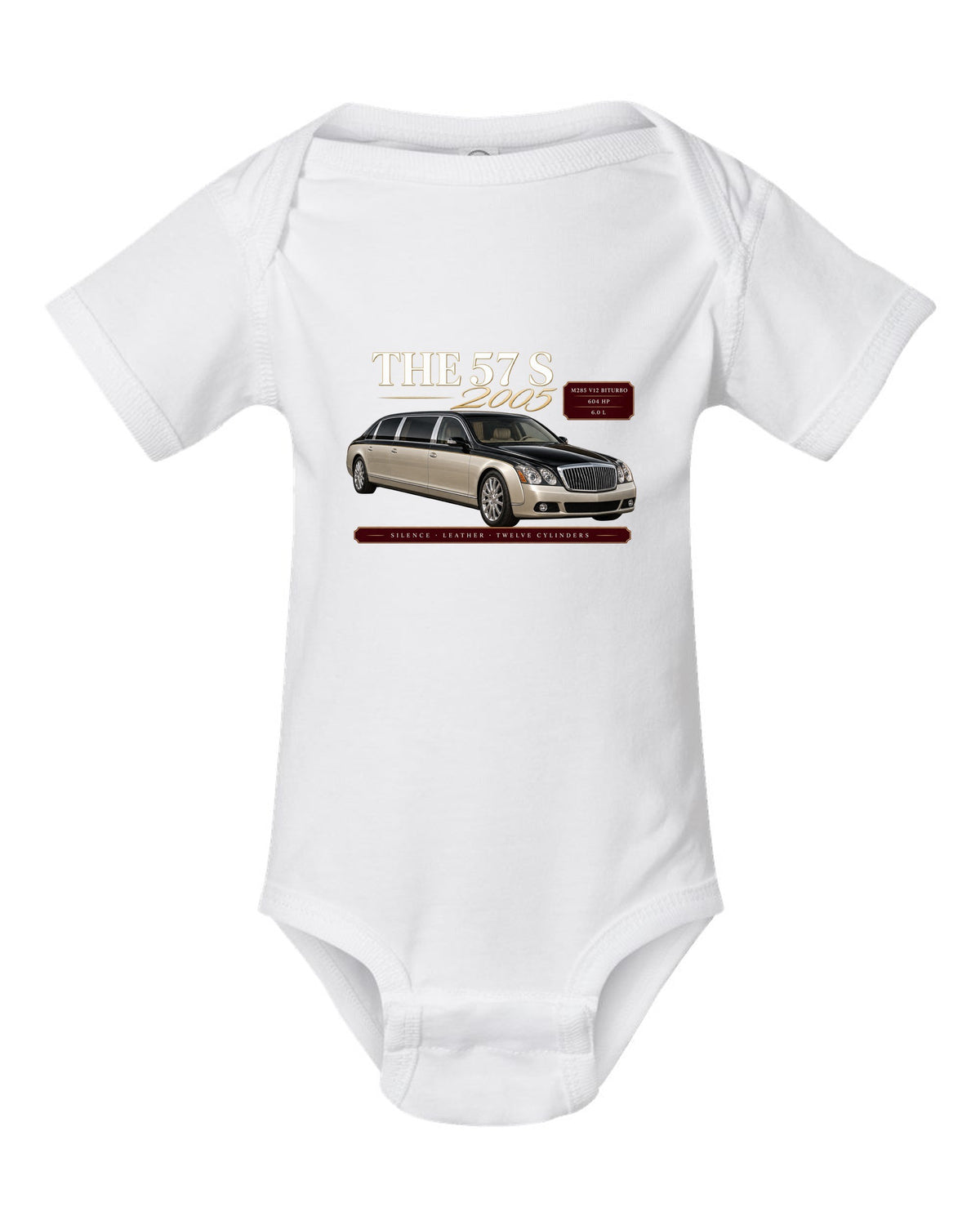 print archive panel of a Maybach 57 S W240 with text silence, leather, twelve cylinders white baby onesie front view with the design