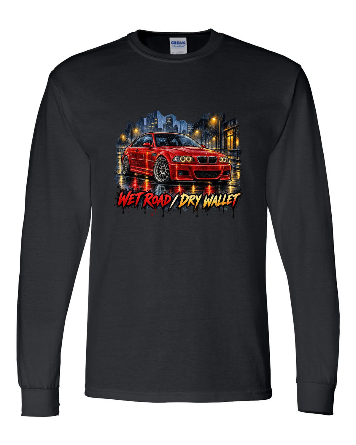 Watercolour wet-road night illustration of a BMW E46 M3 coupe with wet road dry wallet text black long sleeve front view with the design