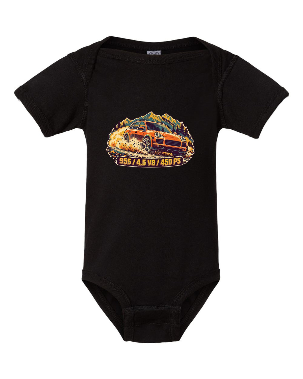 Retro manga halftone print of a Porsche Boxster Spyder 981 taillight with the text 981, 3.8 and 375 PS black baby onesie front view with the design