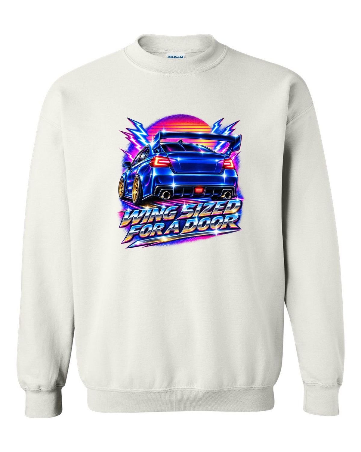 Subaru WRX STI VAB rear in 80s airbrush chrome, WING SIZED / FOR A DOOR white crewneck front view with the design