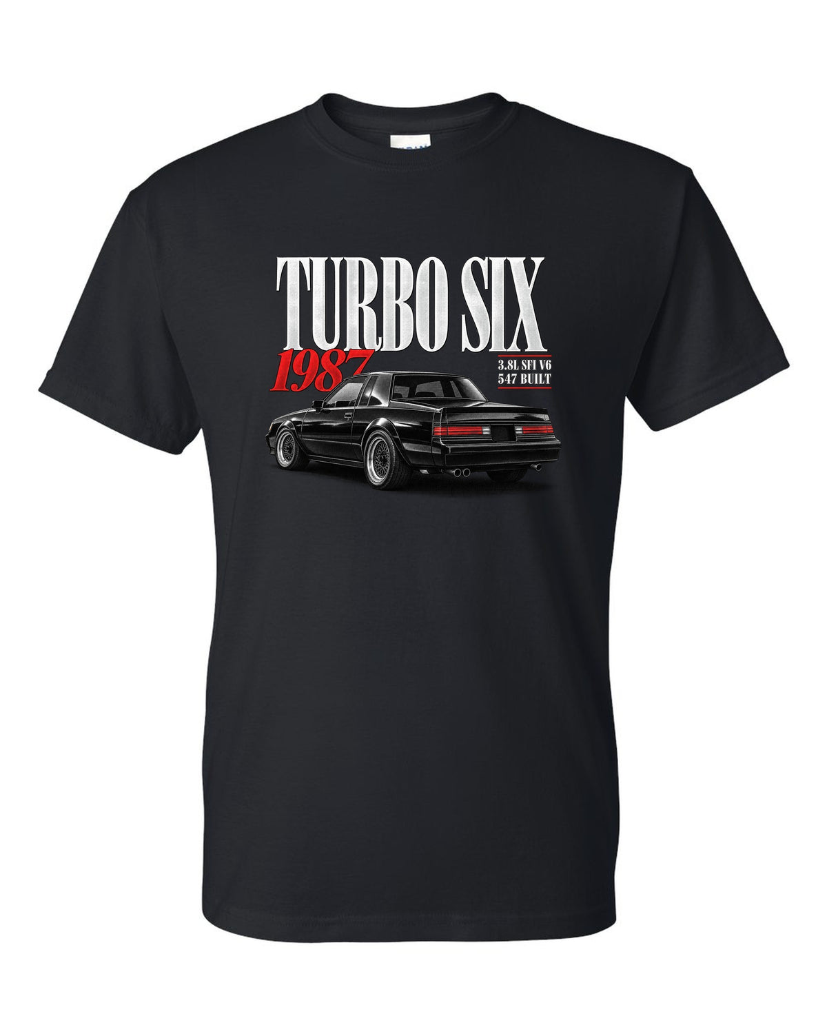 Editorial archive print for a 1987 Buick Regal Grand National GNX with turbo six text black t-shirt front view with the design
