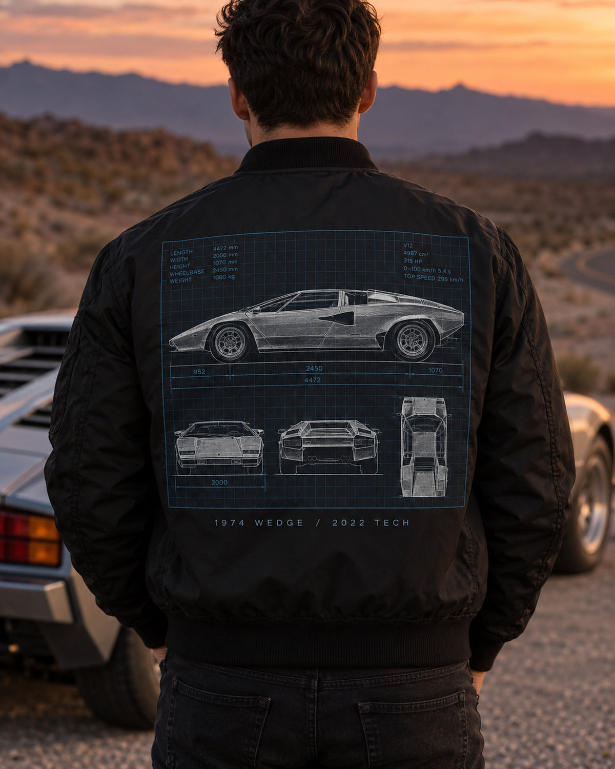 Hyundai N Vision 74 Blueprint Wedge Shirt, 2022 Concept Car Bomber Jacket Black worn hero