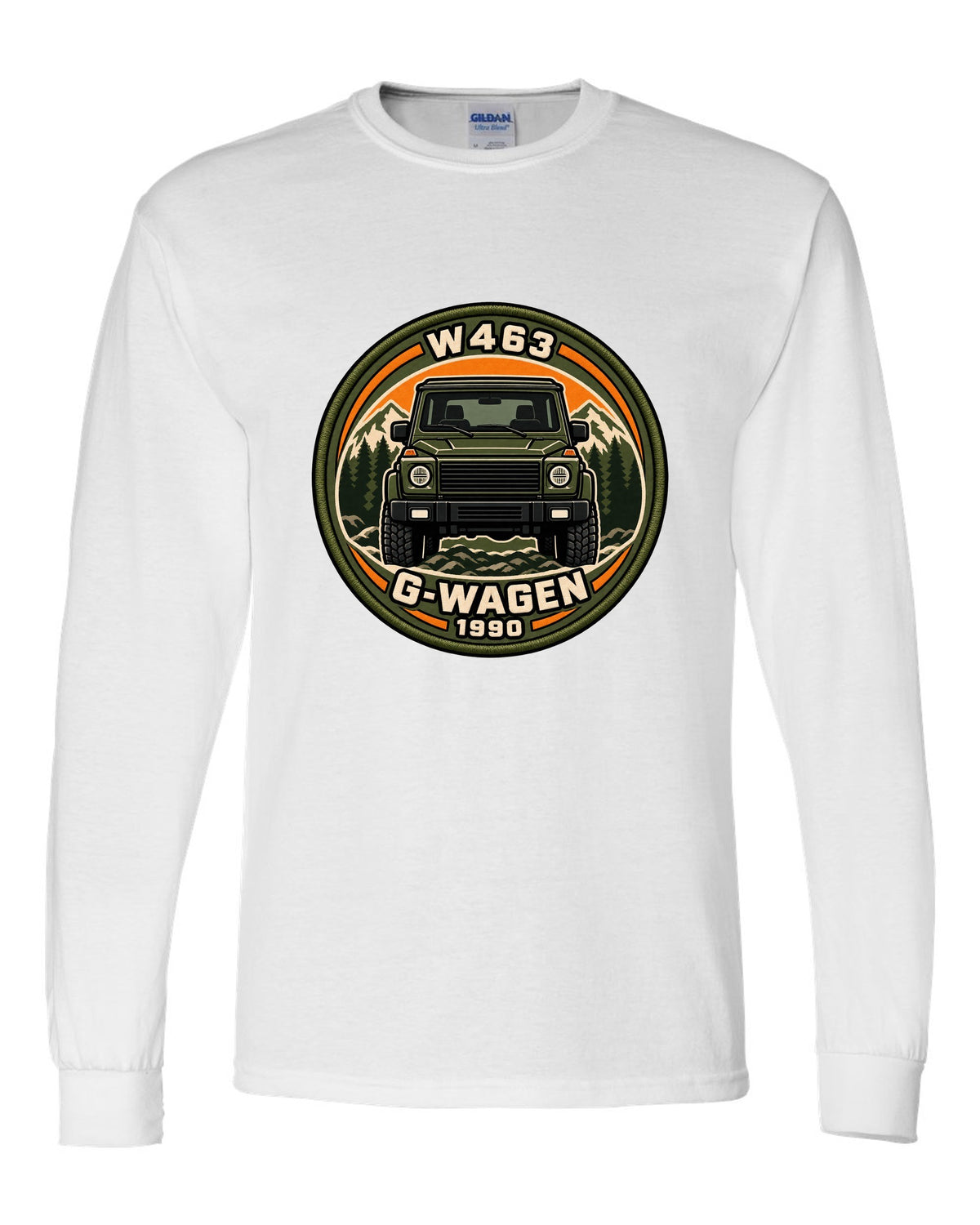 Varsity crest graphic reading W463 G-Wagen 1990 for the Mercedes G-Class, print white long sleeve front view with the design